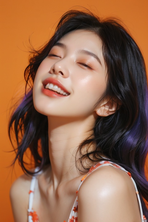 raiden shougn, purple hair, closed eyes, a girl laughing, open mouth, with an orange background, portrait