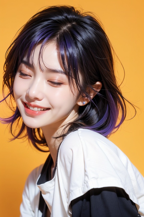  raiden shougn, purple hair, closed eyes, a girl laughing, open mouth, with an orange background, portrait