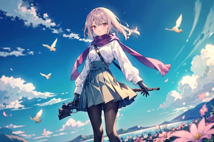  1girl, solo, long hair, looking at viewer, bangs, skirt, shirt, red eyes, gloves, long sleeves, holding, brown eyes, standing, white shirt, weapon, flower, pantyhose, pleated skirt, outdoors, sky, day, black gloves, cloud, scarf, holding weapon, blurry, blue sky, gun, black pantyhose, floating hair, depth of field, bird, wind, high-waist skirt, blurry foreground, yellow skirt, fringe trim