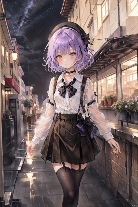  (Masterpiece:1.2, high quality),lean backward,dynamic angle，cozy anime,
high res,best quality,((masterpiece)),extremely detailed CG unity 8k wallpaper,32k,
Night, luxurious rooms, city night view, harbor night view,
1 girl,solo,short hair,purple hair,asymmetrical bangsmedium,big boobs,Age: 19, Height: 150,Golden eyes，A sinister expression，Mature temperament，
Black long skirt,(White hoodedshort shirt,bow),small brown Beret,collar,Tactical leg straps,Black stockings,Brown boots，
Reaching out, holding hands，walk，