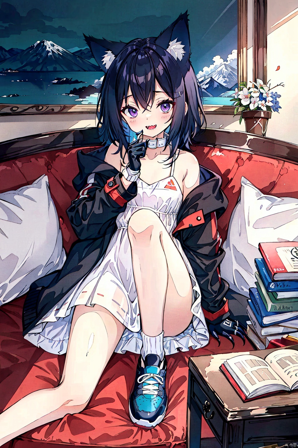  High quality, masterpiece, original, exquisite scenery, full body, with a top-down perspective,A big studio, a big sofa, a coffee machine, a table, a mountain of books piled up on the table, a big blackboard,Solo, fox ears, wild girl, middle hair, multi forked plaits, left front hair small long debate, hair shadow, messy hair, many bangs, left long bangs, asymmetric bangs, bangs cover some left eyes, black hair, pointed head, big eyes, purple eyes, ferocious eyes, powder blusher, midchest, small and slim figure, claws, sharp teeth,Oversized black half open hooded coat, covering one ear and revealing one shoulder, fingerless gloves, blue and white off shoulder lace dress, collar, sports shoes, wolf tattoo on legs, exposed legs, messy dressing,Lying on the sofa, crawling, opening your mouth wide,