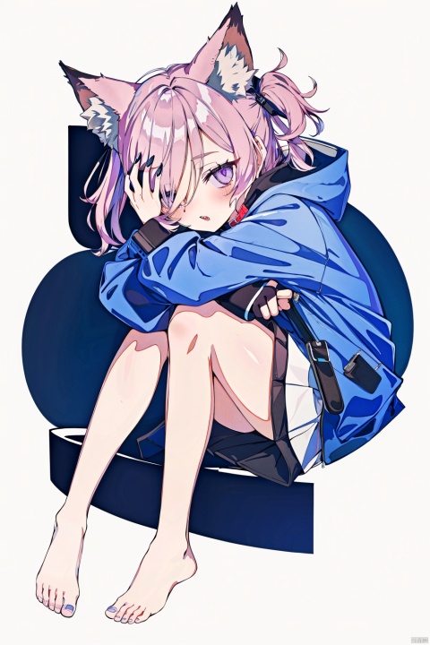 High quality, masterpiece, original, minimalist style, full body, character design,Pure white background,Solo, wolf ear fluff, hair over one eye, Pink, _black_hair, Messy hair, Swept bangs, Side braid, one side up, big eyes, purple eyes, sanpaku, powder blusher, flat chest, small stature, delicate sharp claws, sharp teeth, ferocious, lost,Grey blue half open trench coat, hoodie, fingerless gloves, white collarless dress short skirt, white shirt, Off shoulder, collar, bare feet, bare legs,Hugging own legs,