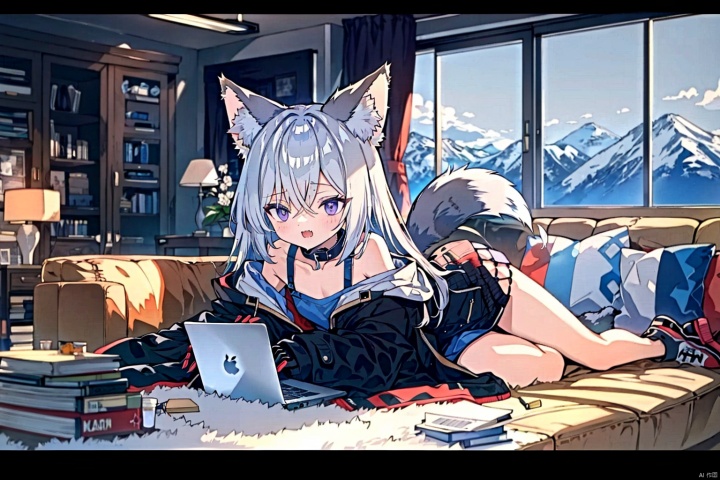High quality, masterpiece, original, exquisite scenery, full body, with a top-down perspective,A big studio, a big sofa, a coffee machine, a table, a mountain of books piled up on the table, a big blackboard,Solo, fox ears, wild girl, middle hair, multi forked plaits, left front hair small long debate, hair shadow, messy hair, long bangs, asymmetric bangs, bangs cover some left eyes, black hair, pointed head, big eyes, purple eyes, ferocious eyes, powder blusher, midchest, small and slim, claws, sharp teeth,Oversized black half open hooded coat, covering one ear and revealing one shoulder, fingerless gloves, blue and white off shoulder lace dress, collar, sports shoes, wolf tattoo on legs, exposed legs, messy dressing,Lying on the sofa, crawling, opening your mouth wide,