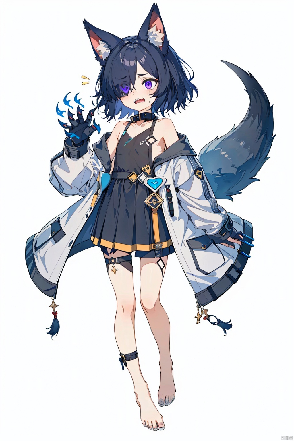  High quality, masterpiece, original, full body, character design,Pure white background,
Solo, wolf ear fluff, wolf ear, Medium hair, hair over one eye, Dark Black_hair, Messy hair, Swept bands, hair over one eye, Asymmetric bands, big eyes, purple eyes, powder blusher, flat chest, small stature, Clawed hand, delicate claws, sharp teeth, ferocity, anger,
Grey blue half open trench coat, hoodie, fingerless gloves, white collarless dress short skirt, Off shoulder, collar, bare feet, bare legs,
Giant claw marks, injured,