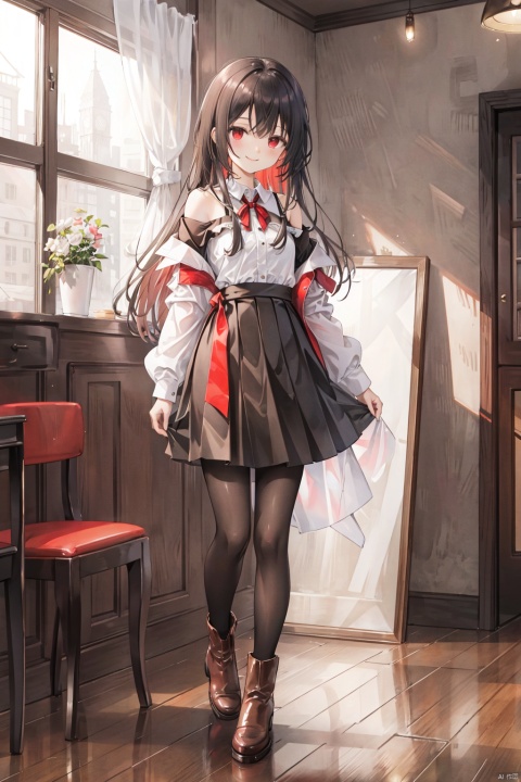 est quality,masterpiece,original,extremely detailed wallpaper,grand scene,full body,
solo,A loli girl,with black apricot hair, long hair, thin waist, Hazy eyes，red eyes, and side bangs,Short，red ribbon ，stature,Mature，Smile elegantly， temperament,small breasts,
White off shoulder shirt,Oversized black half pull jacket, light black hip skirt, black pantyhose, white tie, brown boots,