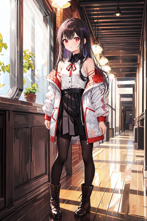  Exquisite, original, aquarium, glass corridor, full body, facing the camera, front camera,Solo, a loli girl with a childlike temperament, is a young lady with black apricot hair, long hair, a slender waist, confused eyes, red eyes, light purple right eye, red ribbons, short pointed bangs, short stature, small breasts, and a bit distracted,White one shoulder shirt top, semi transparent half open jacket, light black hip skirt, black pantyhose, work permit hanging on the shirt, brown boots,Lower your head and lean slightly to your side
