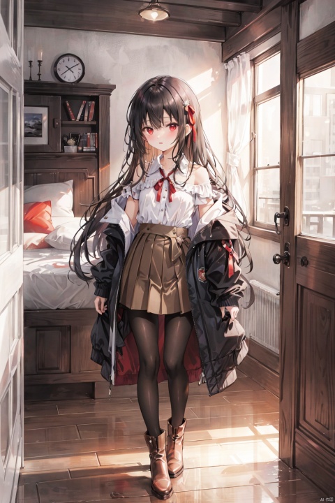  est quality,masterpiece,original,extremely detailed wallpaper,grand scene,full body,
solo,A loli girl,with black apricot hair, long hair, thin waist, Hazy eyes，red eyes, and side ，red ribbon，bangs,Short stature,Mature temperament,small breasts,
White off shoulder shirt,Oversized black half pull jacket, light black hip skirt, black pantyhose, white tie, brown boots,