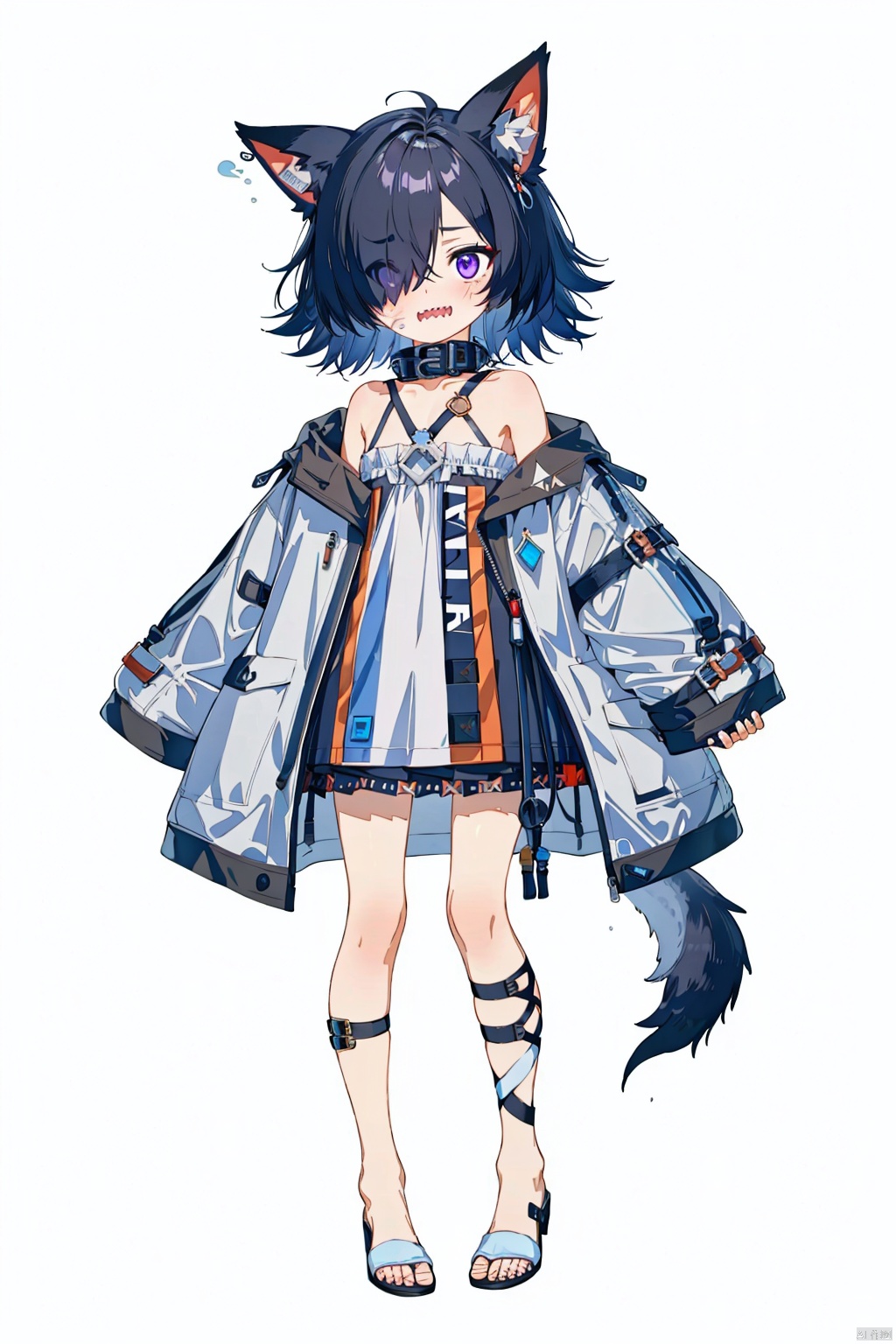  High quality, masterpiece, original, full body, character design,Pure white background,
Solo, wolf ear fluff, wolf ear, Medium hair, hair over one eye, Dark Black_hair, Messy hair, Swept bands, hair over one eye, Asymmetric bands, big eyes, purple eyes, powder blusher, flat chest, small stature, Clawed hand, delicate claws, sharp teeth, ferocity, anger,
Grey blue half open trench coat, hoodie, fingerless gloves, white collarless dress short skirt, Off shoulder, collar, bare feet, bare legs,
Giant claw marks, injured,