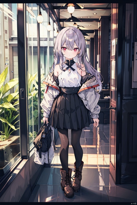 Exquisite, original, aquarium, glass corridor, full body, facing the camera, front camera,Solo, a loli girl with a childlike temperament, is a young lady with black apricot hair, long hair, a slender waist, confused eyes, red eyes, light purple right eye, red ribbons, short pointed bangs, short stature, small breasts, and a bit distracted,White one shoulder shirt top, semi transparent half open jacket, light black hip skirt, black pantyhose, work permit hanging on the shirt, brown boots,Lower your head and lean slightly to your side