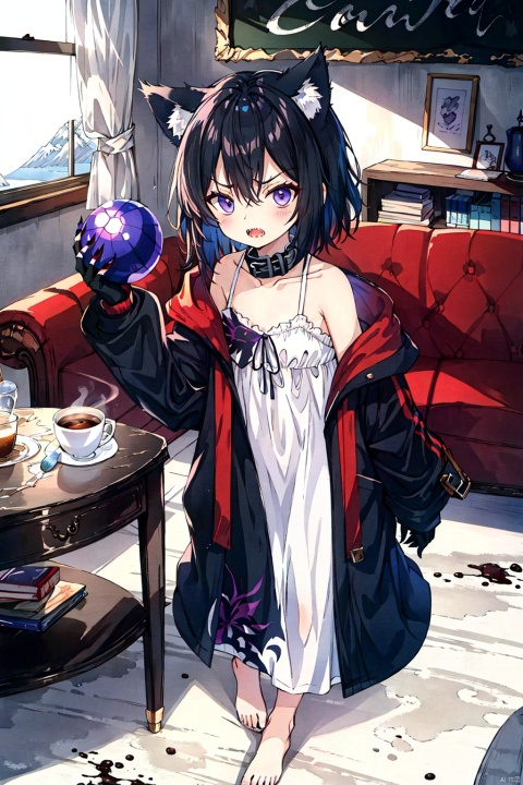 High quality, masterpiece, original, exquisite scenery, full body, with a top-down perspective,A big studio, a big sofa, a coffee machine, a table, a mountain of books piled up on the table, a big blackboard,Solo, wolf ears, wild girl, medium hair, hair shadow, messy hair, many bangs, long left bangs, asymmetrical bangs, bangs cover some left eyes, black hair, pointed hair, big eyes, purple eyes, muddy eyes, ferocious, angry, powder blusher, flat chest, small and slim figure, sharp claws, sharp teeth,Oversized black hooded coat, revealing left shoulder, fingerless gloves, white broken off shoulder dress, collar, barefoot, exposed leg,Lying on the sofa, huddled up in a ball, with a wide mouth open,