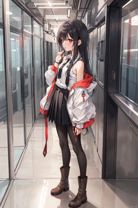 Est quality, original, background universe, inside space station, glass corridor, full body, facing angle, front camera,Solo, a loli girl with black apricot hair, long hair, slim waist, light colored eyes, red eyes, and side profile, red ribbons, short pointed bangs, short stature, small breasts, and sweating,White one shoulder shirt, large transparent half pull jacket, light black hip skirt, black pantyhose, white tie, internship badge hanging, brown boots,Lower your head slightly, lean your right arm against the glass, and use the mechanical exoskeleton of your left arm,