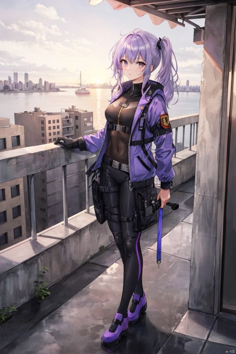 High quality, masterpiece, original, extremely detailed wallpaper, exquisite scenery, full body, front facing, with a downward viewing angle,On the observation rooftop, tall buildings, distant ports, and city night views,Solo, handsome girl with light purple hair, side ponytail, French bangs, pointed hair, messy hair, half purple and half gold eyes, black circles, height of 140, muscularBlack tight fitting suit, purple half open suit, fist holster,