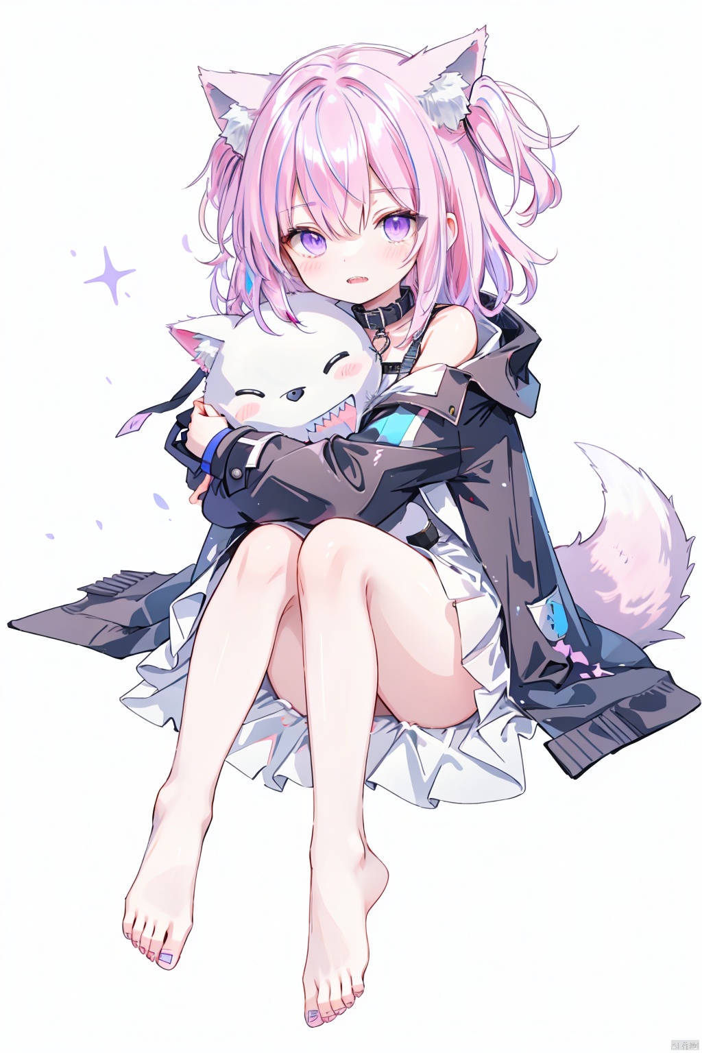 High quality, masterpiece, original, full body, character design,Pure white background,Solo, wolf ear fluff, wolf ear, medium hair, hair over one eye, Dark Black_hair, Pink inner hair, Messy hair, Swept bangs, hair over one eye, Asymmetric bangs, one side up, big eyes, purple eyes, powder blusher, flat chest, small stature, huge sharp claws, sharp teeth, fierce, fear, dark expression,Grey blue half open trench coat, hoodie, fingerless gloves, white collarless dress short skirt, Off shoulder, collar, bare feet, bare legs,Hugging own legs,