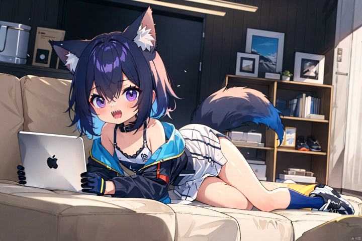 High quality, masterpiece, original, exquisite scenery, full body, with a top-down perspective,A big studio, a big sofa, a coffee machine, a table, a mountain of books piled up on the table, a big blackboard,Solo, fox ears, wild girl, middle hair, multi forked plaits, left front hair small long debate, hair shadow, messy hair, many bangs, left long bangs, asymmetric bangs, bangs cover some left eyes, black hair, pointed head, big eyes, purple eyes, ferocious eyes, powder blusher, midchest, small and slim figure, claws, sharp teeth,Oversized black half open hooded coat, covering one ear and revealing one shoulder, fingerless gloves, blue and white off shoulder lace dress, collar, sports shoes, wolf tattoo on legs, exposed legs, messy dressing,Lying on the sofa, crawling, opening your mouth wide,