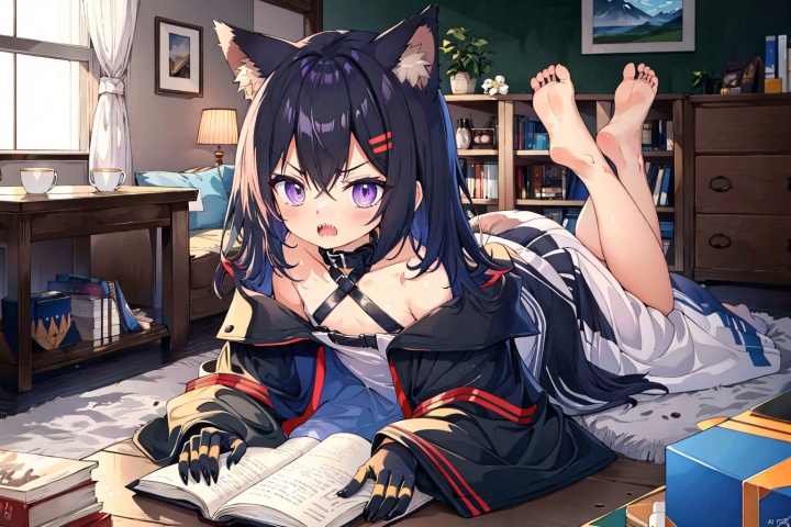  High quality, masterpiece, original, exquisite scenery, full body, with a top-down perspective,A big studio, a big sofa, a coffee machine, a table, a mountain of books piled up on the table, a big blackboard,Solo, wolf ears, wild girl, medium hair, hair shadow, messy hair, many bangs, long left bangs, asymmetrical bangs, bangs cover some left eyes, black hair, pointed hair, big eyes, purple eyes, muddy eyes, ferocious, angry, powder blusher, flat chest, small and slim figure, sharp claws, sharp teeth,Oversized black hooded coat with exposed left shoulder, fingerless gloves, white off shoulder dress, collar, bare feet, exposed legs,Lie down, crawl, open your mouth,