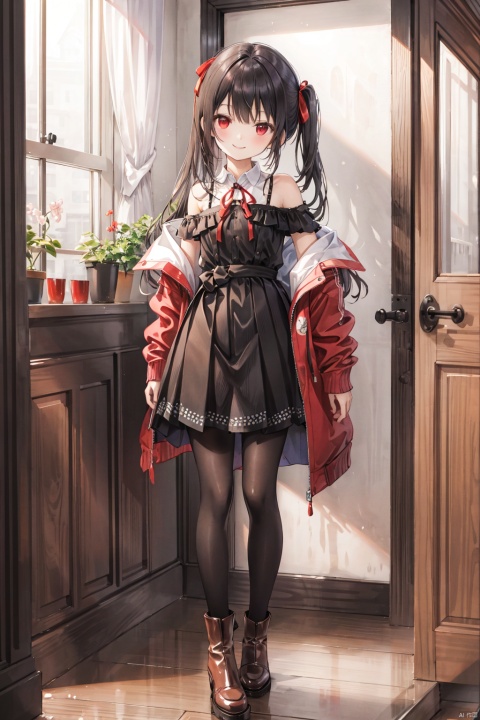  est quality,masterpiece,original,extremely detailed wallpaper,grand scene,full body,
solo,A loli girl,with black apricot hair, long hair, thin waist, Hazy eyes，red eyes, and side bangs,Short，red ribbon ，stature,Mature，Smile elegantly， temperament,small breasts,
White off shoulder shirt,Oversized black half pull jacket, light black hip skirt, black pantyhose, white tie, brown boots,Duck constellation，