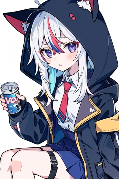  1girl, solo, long hair, looking at viewer, blush, bangs, skirt, simple background, shirt, gloves, long sleeves, white background, holding, animal ears, hair between eyes, sitting, blue hair, purple eyes, jacket, white shirt, ahoge, white hair, grey hair, multicolored hair, pleated skirt, parted lips, open clothes, necktie, black gloves, collared shirt, hood, fingerless gloves, two-tone hair, open jacket, blue skirt, streaked hair, black jacket, hands up, thigh strap, feet out of frame, red necktie, hooded jacket, hood up, high-waist skirt, can, holding can, energy drink