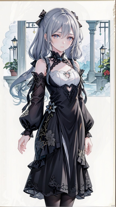  Illustration of a grey anime twintails wavy hair girl wearing a Gothic lace dress in the style of the Edwardian era, captured in a vintage etching. Her dress is adorned with intricate details reminiscent of Damascus steel. beautiful colorful stained glass ,twintails, cute