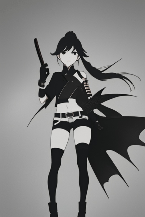 1girl, solo, long hair, breasts, looking at viewer, black hair, thighhighs, gloves, white background, navel, holding, standing, full body, ponytail, weapon, flower, boots, shorts, black gloves, midriff, belt, sword, black footwear, holding weapon, high heels, short shorts, umbrella, holding sword, black shorts, katana, single thighhigh, asymmetrical legwear, holding umbrella, arrow \(projectile\), uneven legwear, oil-paper umbrella