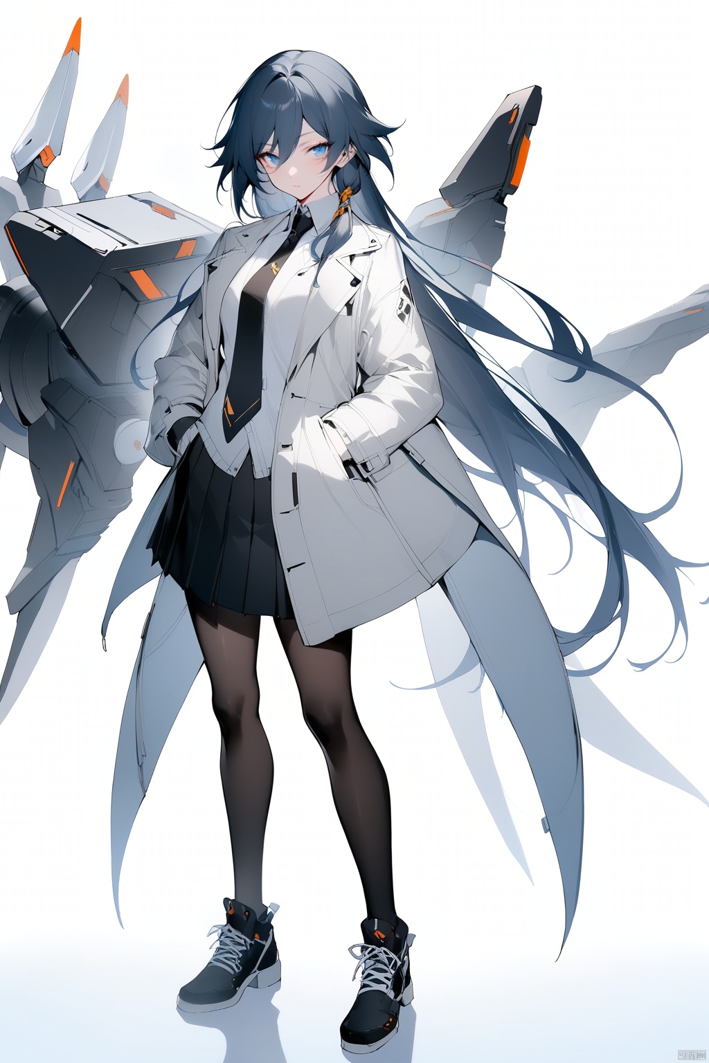 [[fu hua (phoenix)(honkai impact 3rd)]], nai3, 1girl, solo, artstyle,best quality,amazing quality,very aesthetic,absurdres,traditional media,female focus, 
1girl, solo, long hair, looking at viewer, bangs, blue eyes, skirt, simple background, black hair, hair ornament, white background, hair between eyes, school uniform, standing, jacket, full body, pantyhose, pleated skirt, open clothes, necktie, shoes, black footwear, coat, black pantyhose, robot, open coat, hands in pockets