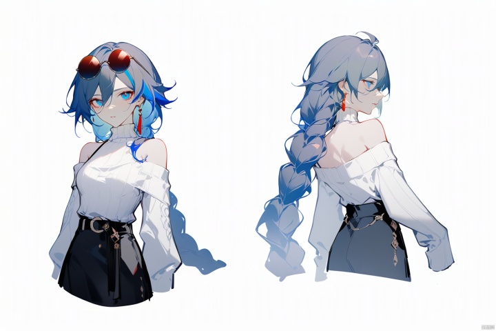  [[fu hua (phoenix)(honkai impact 3rd)]],nai3,1girl,solo,blue eyes
{artist:ask(askzy)}, 
(Multiple views)
multicolored hair,round eyewear,turtleneck,skirt,blue legwear,jewelry,earrings,long sleeves,blue eyes,sleeves past wrists,ribbed sweater,hair between eyes,white sweater,very long hair,sweater,streaked hair,sunglasses,braid,bare shoulders,off-shoulder sweater,off shoulder,eyewear on head,