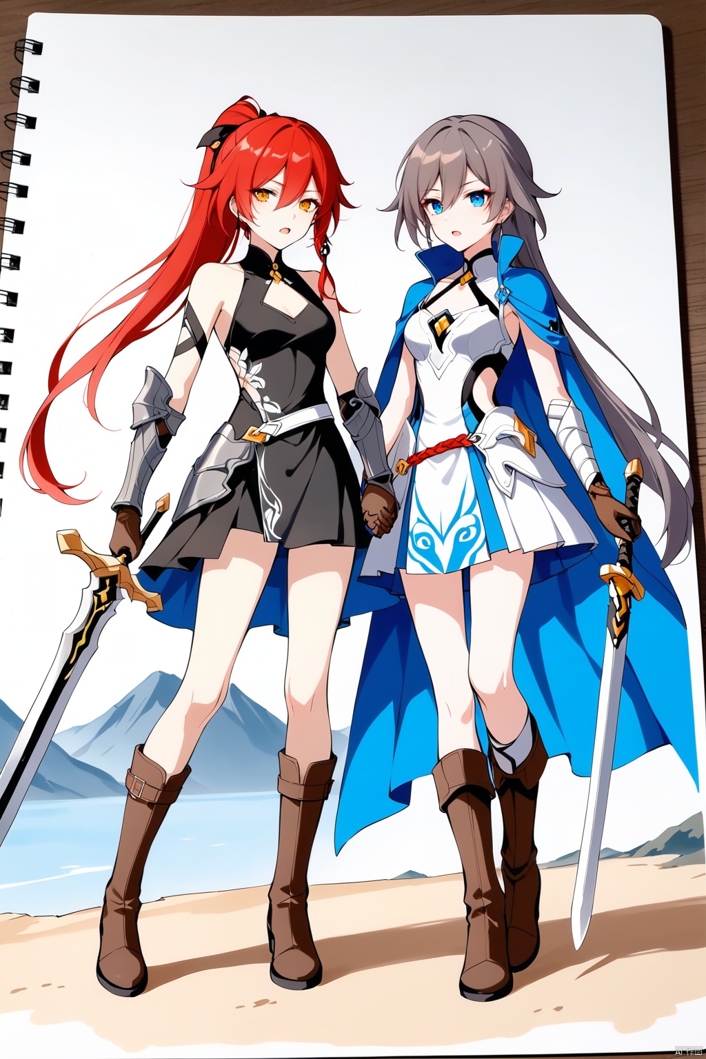 [[fu hua(honkai impact 3rd)]], nai3, 1girl, solo, artstyle,best quality,amazing quality,very aesthetic,absurdres,traditional media,female focus, 
long hair, open mouth, blue eyes, multiple girls, brown hair, gloves, dress, holding, 2girls, yellow eyes, ponytail, weapon, red hair, boots, outdoors, sword, cape, holding weapon, armor, holding hands, scar, brown footwear, brown gloves, prosthesis, prosthetic arm