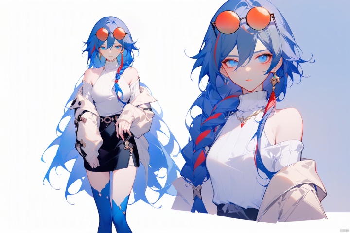  [[fu hua (phoenix)(honkai impact 3rd)]],nai3,1girl,solo,blue eyes
{artist:ask(askzy)}, 
(Multiple views)
multicolored hair,round eyewear,turtleneck,skirt,blue legwear,jewelry,earrings,long sleeves,blue eyes,sleeves past wrists,ribbed sweater,hair between eyes,white sweater,very long hair,sweater,streaked hair,sunglasses,braid,bare shoulders,off-shoulder sweater,off shoulder,eyewear on head,