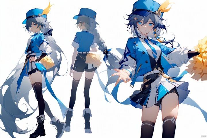  [[fu hua (phoenix)(honkai impact 3rd)]],nai3,1girl,solo,blue eyes
{artist:ask(askzy)}, 
(Multiple views)
hair ornament,hair between eyes,shirt,thighhighs,blue headwear,hat,boots,braid,skirt,necktie,grey hair,shorts,low-tied long hair,cheerleader,