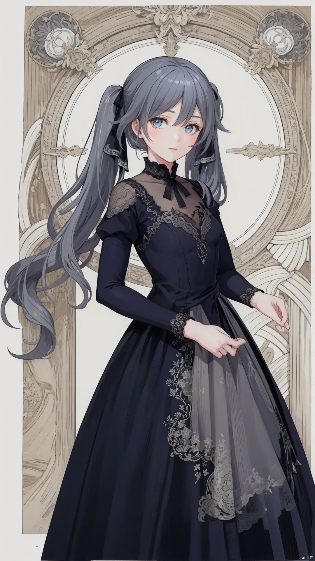  Illustration of a grey anime twintails wavy hair girl wearing a Gothic lace dress in the style of the Edwardian era, captured in a vintage etching. Her dress is adorned with intricate details reminiscent of Damascus steel. beautiful colorful stained glass ,twintails, cute, fu hua