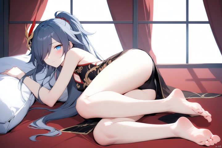  [[fu hua (phoenix)(honkai impact 3rd)]], nai3, 1girl, solo, artstyle,
1girl, solo, long hair, looking at viewer, blush, bangs, blue eyes, black hair, hair ornament, dress, closed mouth, underwear, panties, full body, ponytail, ass, lying, barefoot, looking back, indoors, bag, hair over one eye, feet, legs, black panties, bare legs, bed, toes, on side, chinese clothes, soles, curtains, china dress, fu hua