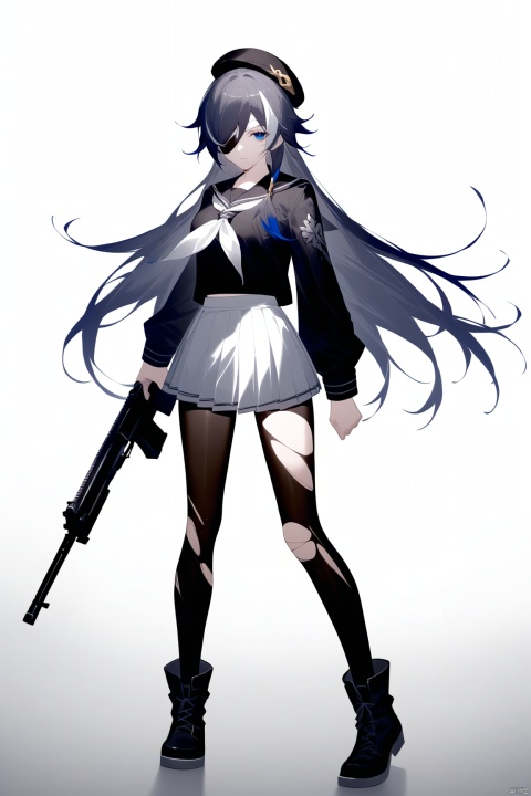 [[fu hua (phoenix)(honkai impact 3rd)]],nai3, 1girl, white hair, solo, long hair, blue eyes, torn clothes, hat, white skirt, white background, skirt, simple background, multicolored hair, boots, gun, smoke, neckerchief, sailor collar, weapon, long sleeves, thighhighs, holding, full body, pleated skirt, eyepatch, black headwear, school uniform, pantyhose, black footwear, bandages, streaked hair, looking at viewer, torn thighhighs, serafuku, bangs, bandaged leg, torn pantyhose, closed mouth, beret, black hair, hair over one eye, standing, black thighhighs, breasts