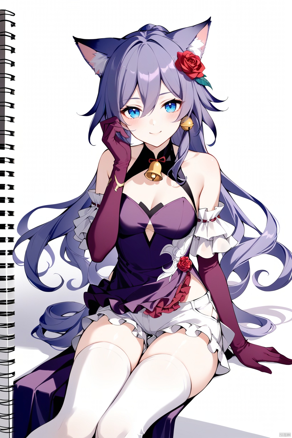 [[fu hua(honkai impact 3rd)]], nai3, 1girl, solo, artstyle,best quality,amazing quality,very aesthetic,absurdres,traditional media,female focus, 
1girl, solo, long hair, looking at viewer, blush, smile, blue eyes, hair ornament, thighhighs, gloves, dress, animal ears, sitting, ponytail, purple hair, flower, frills, shorts, cat ears, hair flower, character name, white thighhighs, bell, rose, purple dress, hand on own face, personification, curly hair, white shorts, bloomers, purple gloves