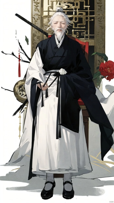 (masterpiece:1.3), (the best quality:1.2), (super fine illustrations:1.2), (Masterpiece), high quality, high detail, ((white background:1.2)), looking at viewer, (SOLO:1.4), outline, , simple background, Taoist priest,chinese clothes,(full_body:1.3), Taoist priest,old man,1male,70y.o.((((closed eyes, Sitting in a chair, turned as pale as death)))),white hair,grin
