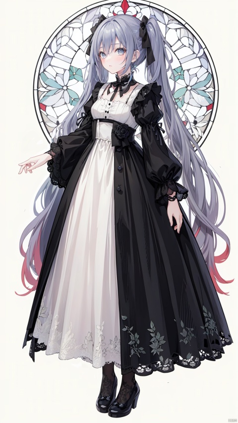  Illustration of a grey anime twintails wavy hair girl wearing a Gothic lace dress in the style of the Edwardian era, captured in a vintage etching. Her dress is adorned with intricate details reminiscent of Damascus steel. beautiful colorful stained glass ,twintails, cute