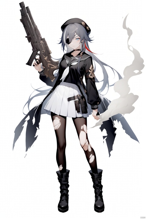 [[fu hua (phoenix)(honkai impact 3rd)]],nai3, 1girl, white hair, solo, long hair, blue eyes, torn clothes, hat, white skirt, white background, skirt, simple background, multicolored hair, boots, gun, smoke, neckerchief, sailor collar, weapon, long sleeves, thighhighs, holding, full body, pleated skirt, eyepatch, black headwear, school uniform, pantyhose, black footwear, bandages, streaked hair, looking at viewer, torn thighhighs, serafuku, bangs, bandaged leg, torn pantyhose, closed mouth, beret, black hair, hair over one eye, standing, black thighhighs, breasts