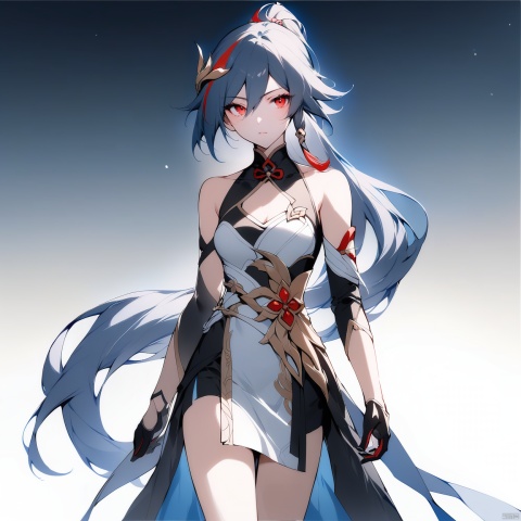  [[fu hua(honkai impact 3rd)]], nai3, 1girl, solo, artstyle,best quality,amazing quality,very aesthetic,absurdres,traditional media,female focus, 
1girl, solo, long hair, looking at viewer, bangs, black hair, hair ornament, red eyes, gloves, dress, hair between eyes, closed mouth, standing, ponytail, white hair, multicolored hair, streaked hair, chinese text, fu hua