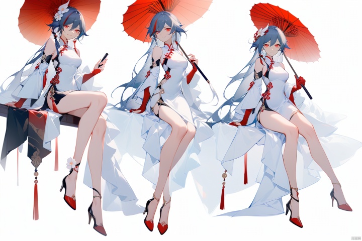  [[fu hua (phoenix)(honkai impact 3rd)]],nai3,1girl,solo,blue eyes
{artist:ask(askzy)}, 
(Multiple views)
1girl, solo, long hair, breasts, looking at viewer, smile, bangs, hair ornament, red eyes, dress, holding, hair between eyes, bare shoulders, sitting, closed mouth, full body, flower, white hair, multicolored hair, detached sleeves, white dress, high heels, streaked hair, clothing cutout, umbrella, chinese clothes, white flower, red footwear, china dress, lantern, holding umbrella, oil-paper umbrella, fu hua
