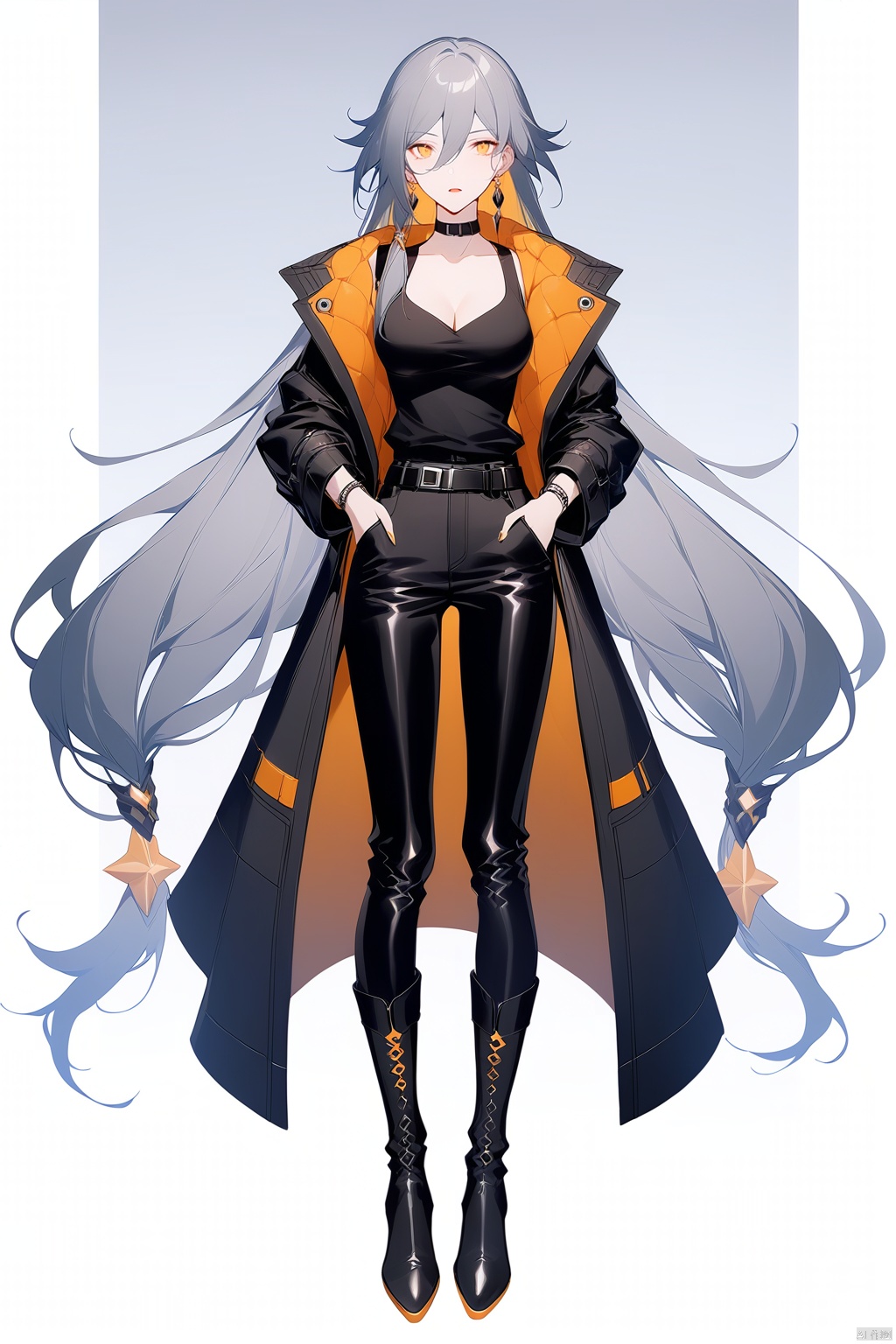  [[fu hua (phoenix)(honkai impact 3rd)]], nai3, 1girl, solo, artstyle,
1girl, solo, long hair, breasts, looking at viewer, open mouth, bangs, simple background, hair ornament, long sleeves, white background, cleavage, hair between eyes, jewelry, very long hair, standing, collarbone, jacket, full body, yellow eyes, grey hair, earrings, boots, parted lips, choker, belt, pants, black footwear, coat, black jacket, black choker, black pants, knee boots, hand in pocket, absurdly long hair
