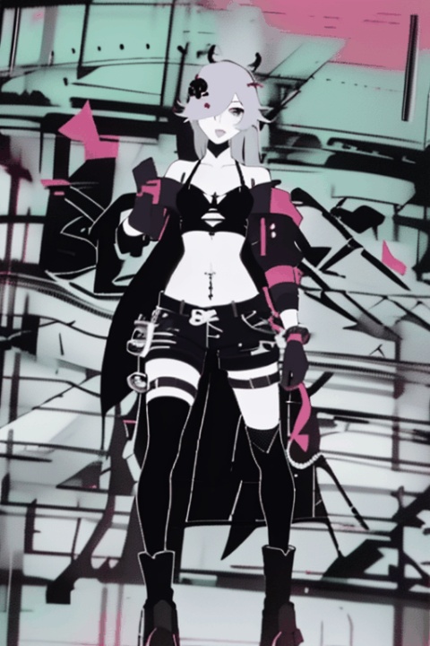  [[fu hua (phoenix)(honkai impact 3rd)]], nai3, 1girl, solo, artstyle, 1girl, solo, long hair, breasts, looking at viewer, smile, open mouth, bangs,breasts, hair ornament, gloves, navel,cleavage, hair between eyes, bare shoulders, very long hair, collarbone, jacket, full body, white hair, :d, thighs, outdoors, open clothes, shoes, shorts, tongue, hairclip, elbow gloves, midriff, white gloves, spread legs, tongue out, off shoulder, stomach, black footwear, high heels, covered nipples, open jacket, crop top, grey eyes, short shorts, thigh strap, scar, piercing, moon, squatting, black nails, scar on face, full moon, white shorts, scar across eye,navel piercing,