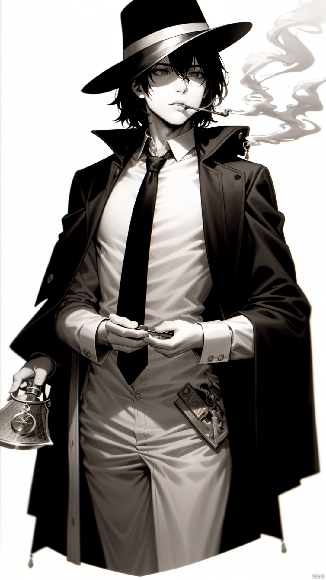 solo, simple background, long sleeves, 1boy, white background, holding, monochrome, greyscale, male focus, profile, smoking pipe, holding smoking pipe, magnifying glass, detective,necktie, ((((((detective))))))), capelet