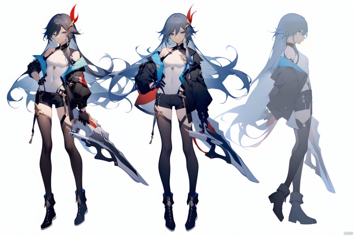  [[fu hua (phoenix)(honkai impact 3rd)]],nai3,1girl,solo,blue eyes
{artist:ask(askzy)}, 
(Multiple views)
1girl, solo, long hair, looking at viewer, bangs, blue eyes, simple background, black hair, hair ornament, thighhighs, gloves, white background, holding, hair between eyes, closed mouth, standing, jacket, full body, weapon, boots, shoes, shorts, black gloves, black thighhighs, black footwear, holding weapon, black jacket, hand on hip, gun, covered navel, black shorts, holding gun, handgun, fu hua