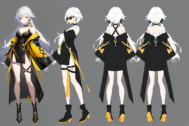 [[fu hua (phoenix)(honkai impact 3rd)]], nai3, 1girl, solo, artstyle,
(Multiple views)
1girl, solo, long hair, breasts, looking at viewer, bangs, black hair, hair ornament, long sleeves, white background, dress, hair between eyes, bare shoulders, jewelry, very long hair, closed mouth, standing, collarbone, jacket, full body, yellow eyes, white hair, multicolored hair, earrings, boots, choker, wide sleeves, off shoulder, nail polish, black footwear, black dress, coat, thigh strap, black choker, sunglasses, black nails, side slit, tinted eyewear