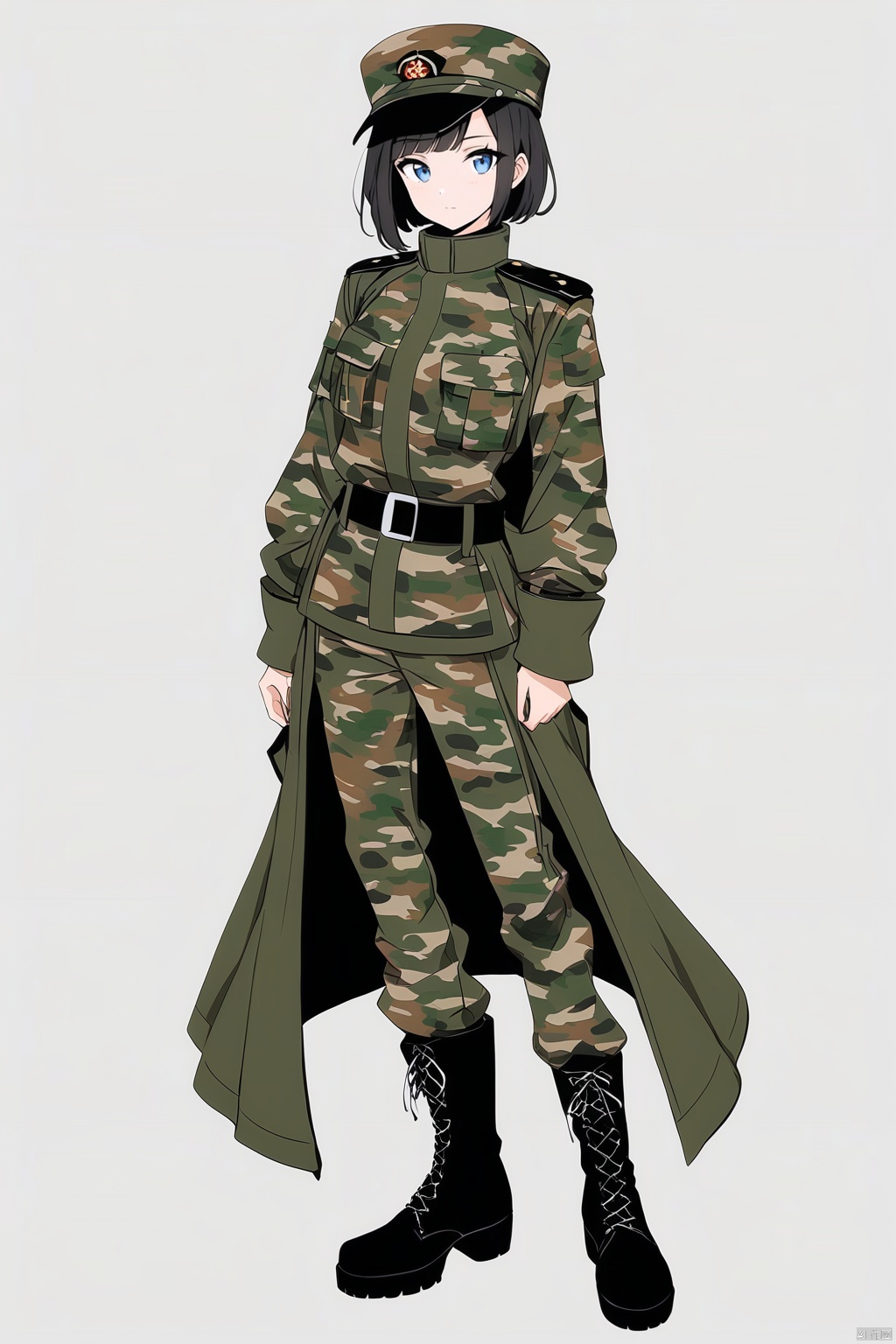 nai3, 1girl, solo, artstyle,
1girl, solo, looking at viewer, short hair, bangs, blue eyes, simple background, black hair, long sleeves, hat, white background, standing, jacket, full body, boots, belt, pants, black footwear, uniform, coat, military, military uniform, camouflage, green pants, camouflage jacket, camouflage pants