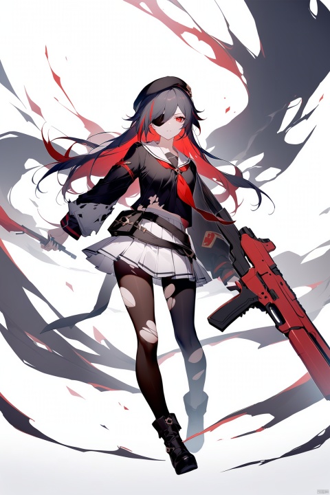 [[fu hua (phoenix)(honkai impact 3rd)]],nai3, 1girl, red hair, solo, long hair, red eyes, torn clothes, hat, white skirt, white background, skirt, simple background, multicolored hair, boots, gun, smoke, neckerchief, sailor collar, weapon, long sleeves, thighhighs, holding, full body, pleated skirt, eyepatch, black headwear, school uniform, pantyhose, black footwear, bandages, streaked hair, looking at viewer, torn thighhighs, serafuku, bangs, bandaged leg, torn pantyhose, closed mouth, beret, black hair, hair over one eye, standing, black thighhighs, breasts