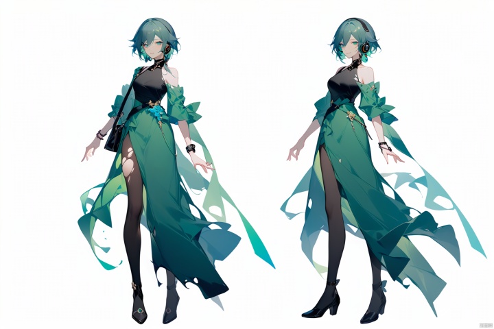  [[fu hua (phoenix)(honkai impact 3rd)]],nai3,1girl,solo,blue eyes
{artist:ask(askzy)}, 
(Multiple views)
1girl, solo, breasts, looking at viewer, smile, short hair, dress, hair between eyes, jewelry, green eyes, standing, full body, pantyhose, green hair, bag, black footwear, bracelet, torn clothes, headphones, headset, green dress, torn pantyhose