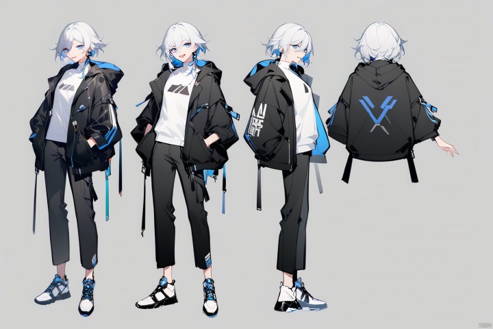  [[fu hua (phoenix)(honkai impact 3rd)]],nai3,1girl,solo,blue eyes
{artist:ask(askzy)}, 
(Multiple views)
1girl, solo, looking at viewer, smile, short hair, open mouth, bangs, simple background, long sleeves, hair between eyes, standing, jacket, full body, white hair, open clothes, shoes, tongue, pants, hood, grey background, open jacket, black jacket, blue eyes, black pants, white footwear, black background, sneakers, clothes writing, hooded jacket, hood up, hand in pocket