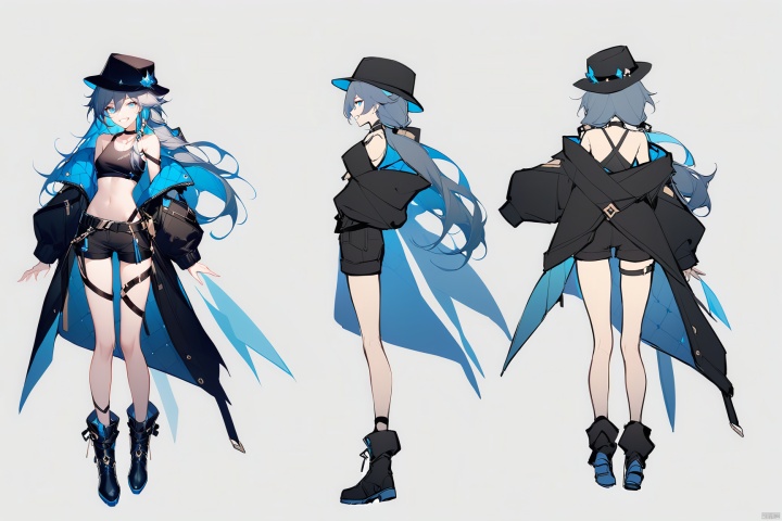  [[fu hua (phoenix)(honkai impact 3rd)]],nai3,1girl,solo,blue eyes
{artist:ask(askzy)}, 
(Multiple views)
long hair,hair between eyes,very long hair,multicolored hair,black jacket,collarbone,thighs,open jacket,boots,black shorts,black footwear,sleeveless shirt,shorts,shirt,off shoulder,black headwear,navel,jacket,hat,grin,eyebrows visible through hair,bangs,:d,