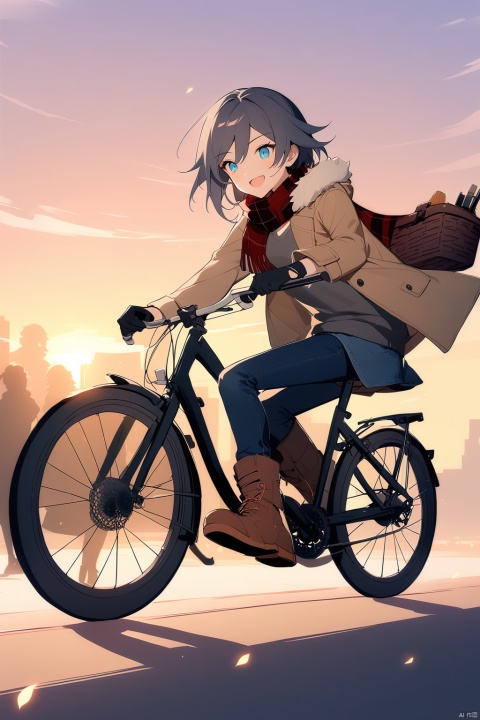  [[fu hua (phoenix)(honkai impact 3rd)]], nai3, 1girl, solo, artstyle,
1girl, smile, short hair, open mouth, blue eyes, skirt, blonde hair, brown hair, black hair, thighhighs, gloves, long sleeves, 1boy, sitting, jacket, :d, boots, outdoors, open clothes, sky, shoes, black gloves, pants, bag, scarf, sweater, open jacket, coat, fur trim, brown footwear, denim, ground vehicle, sneakers, sunset, jeans, basket, riding, bicycle, sidesaddle, multiple riders, bicycle basket