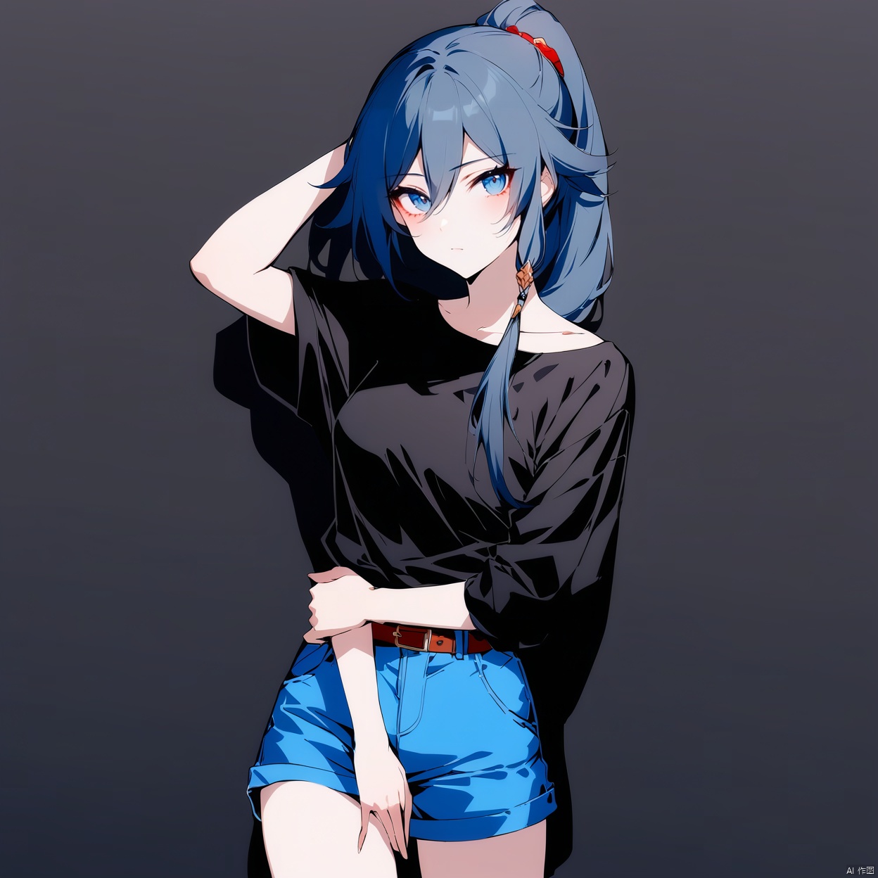 [[fu hua(honkai impact 3rd)]], nai3, 1girl, solo, artstyle,best quality,amazing quality,very aesthetic,absurdres,traditional media,female focus, 
1girl, solo, long hair, looking at viewer, bangs, blue eyes, simple background, shirt, black hair, hair ornament, hair between eyes, closed mouth, ponytail, shorts, belt, black shirt, black background, casual, blue shorts, fu hua