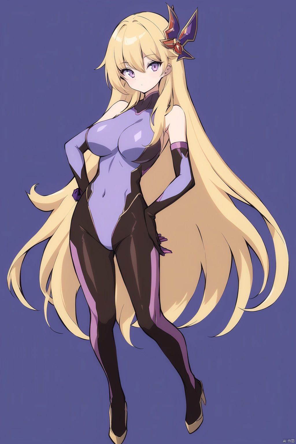 nai3, 1girl, solo, artstyle,
1girl, solo, long hair, breasts, looking at viewer, bangs, blonde hair, large breasts, simple background, hair ornament, gloves, white background, hair between eyes, bare shoulders, very long hair, closed mouth, standing, purple eyes, full body, elbow gloves, off shoulder, leotard, bodysuit, covered navel, skin tight, purple gloves